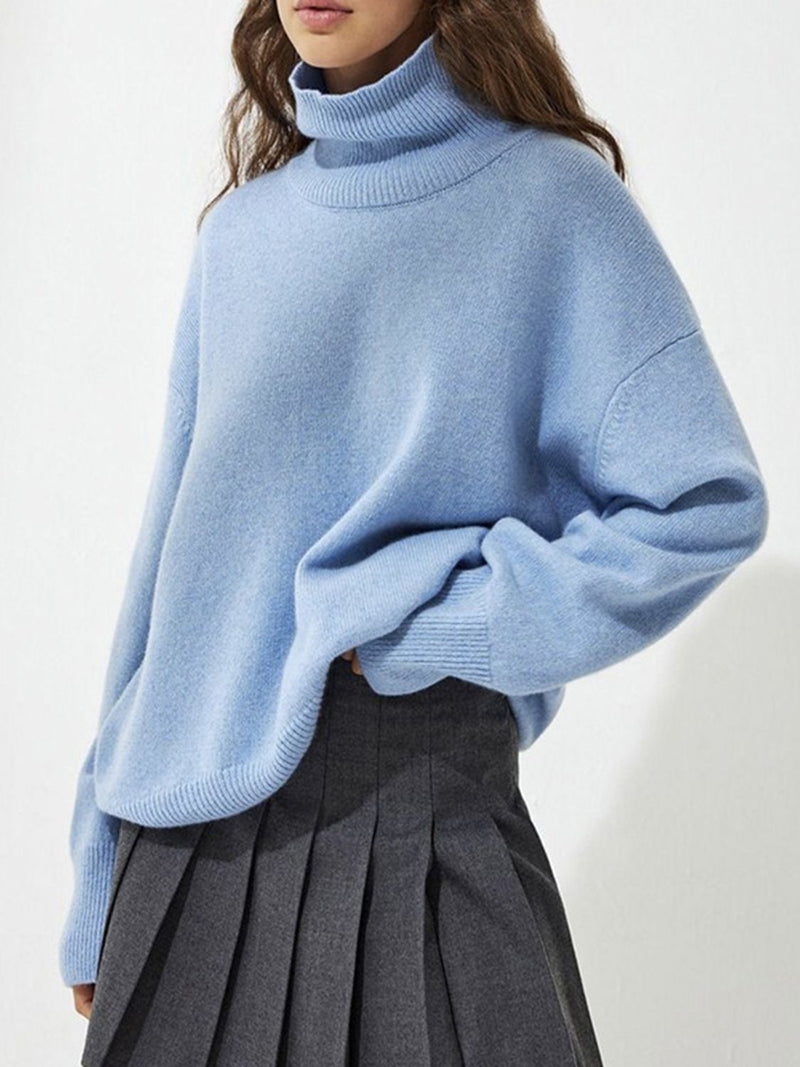 Hazel Blues® |  Ribbed Detail Turtleneck Dropped Shoulder Sweater