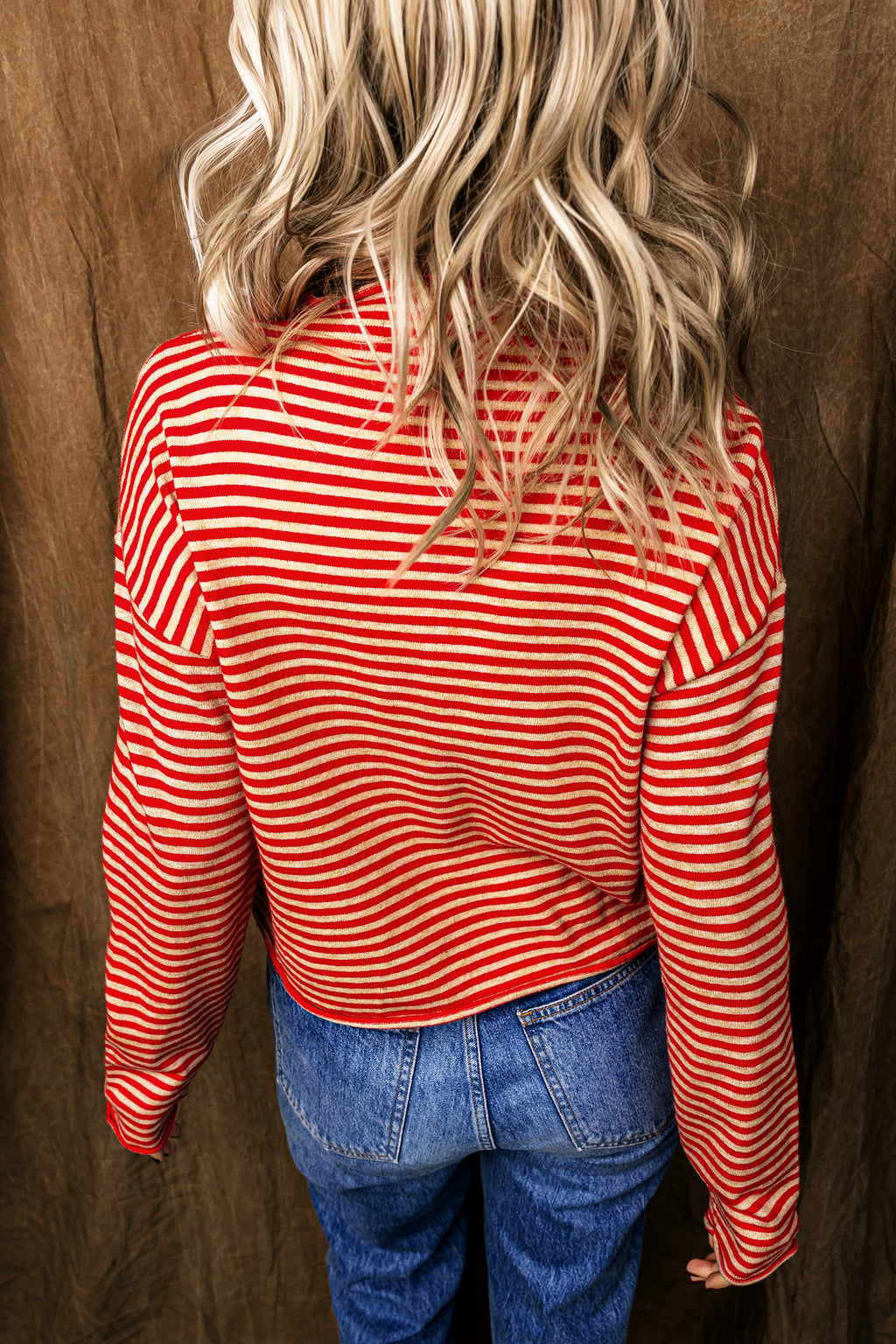 Red Stripe Striped Button Collar Long-Sleeve Knit Cardigan