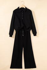 Hazel Blues® |  Black Solid Collared Sweatshirt and High Waist Pants Active Set