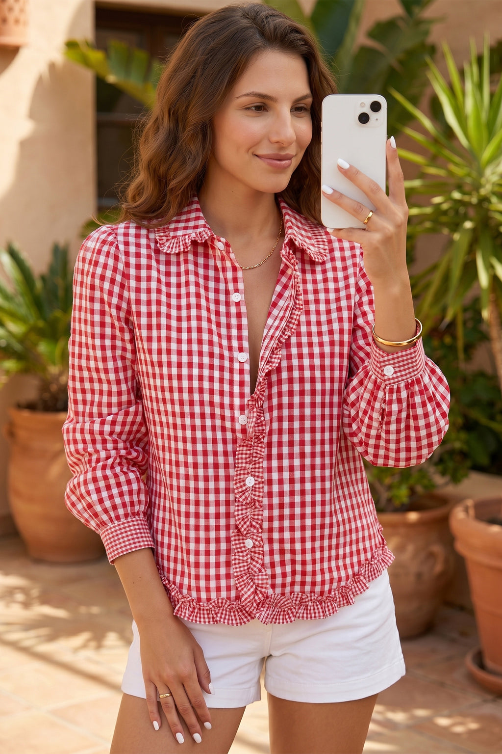 Plaid Long Sleeve Button-Down Frill Detail Casual Shirt | Plaid Long Sleeve Button Shirt