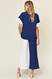 Hazel Blues® |  Double Take Texture Contrast T-Shirt and Wide Leg Pants Set