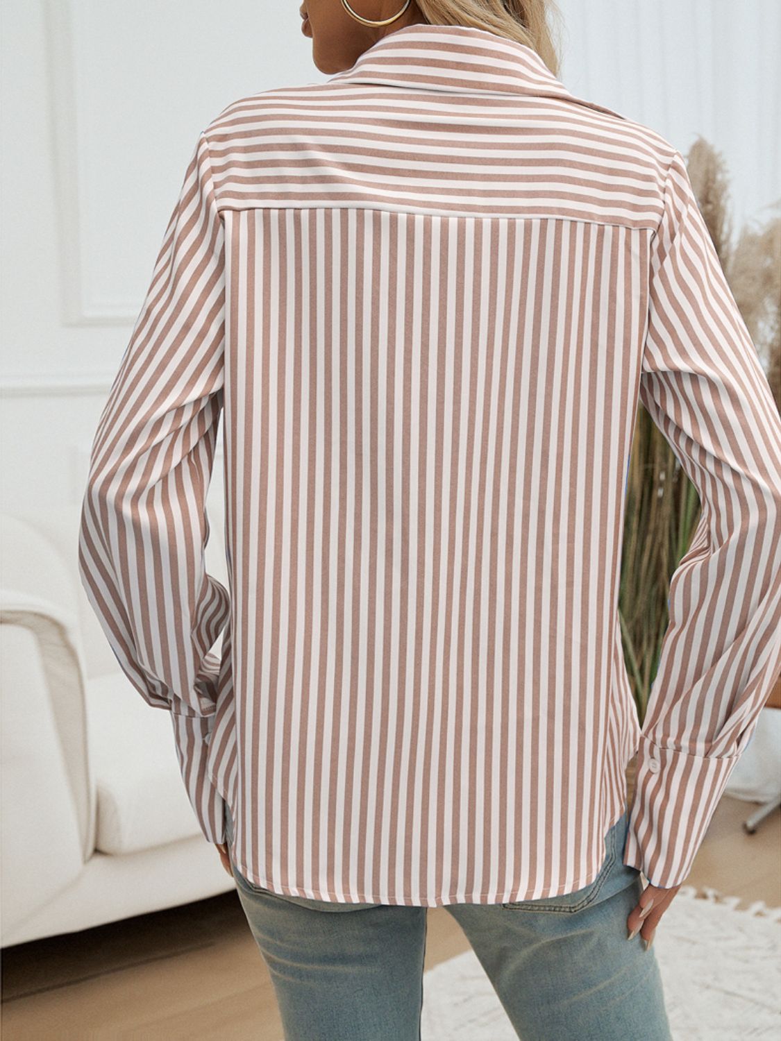 Hazel Blues® |  Pocketed Striped Collared Neck Long Sleeve Shirt