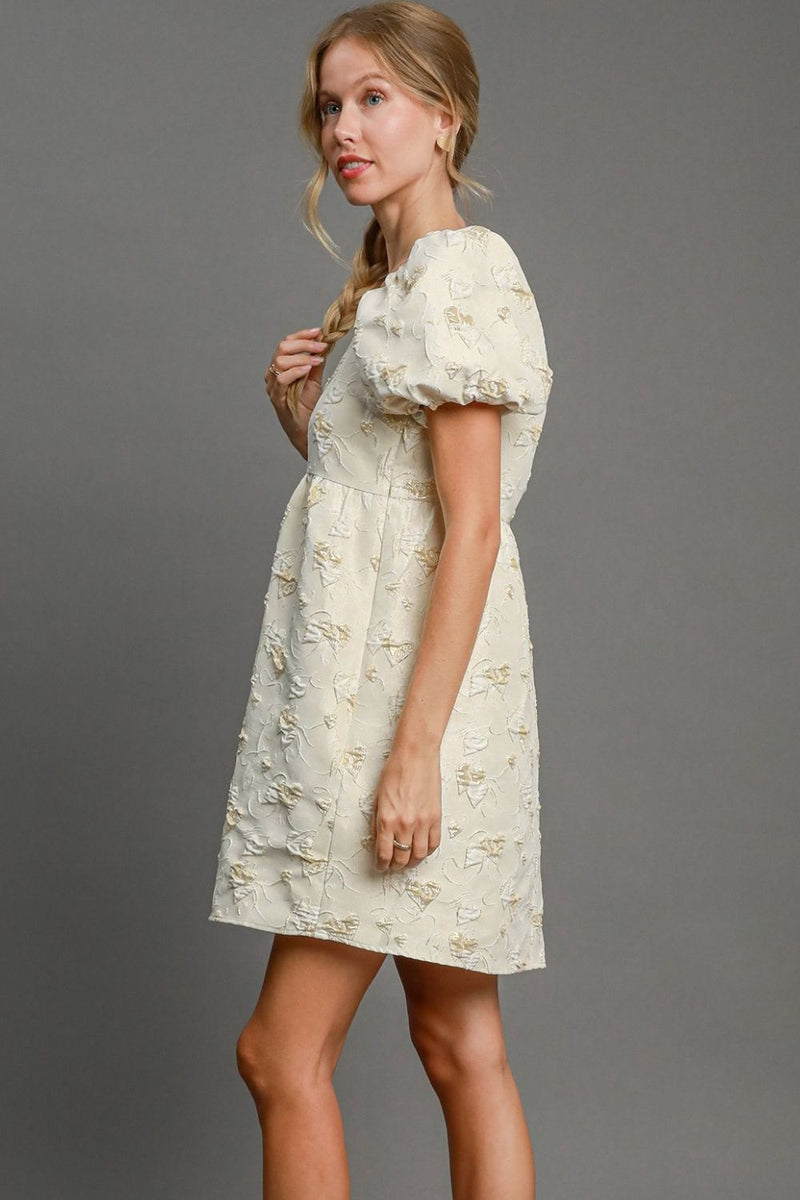 Hazel Blues® |  Umgee Heart Jacquard Square Neck Puff Sleeve Mini Dress