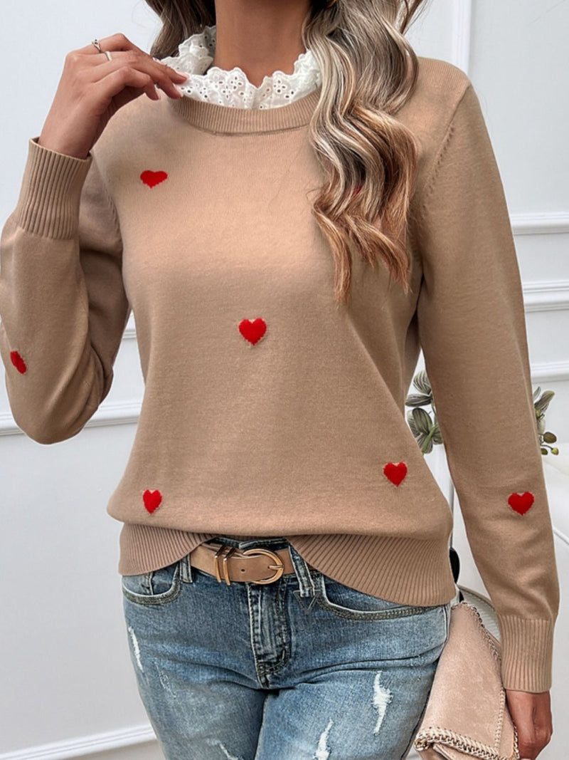 Hazel Blues® |  Lace Detail Heart Long Sleeve Sweater