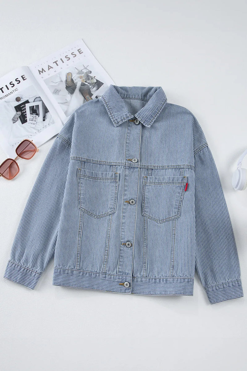 Hazel Blues® |  Striped Button Up Long Sleeve Denim Jacket