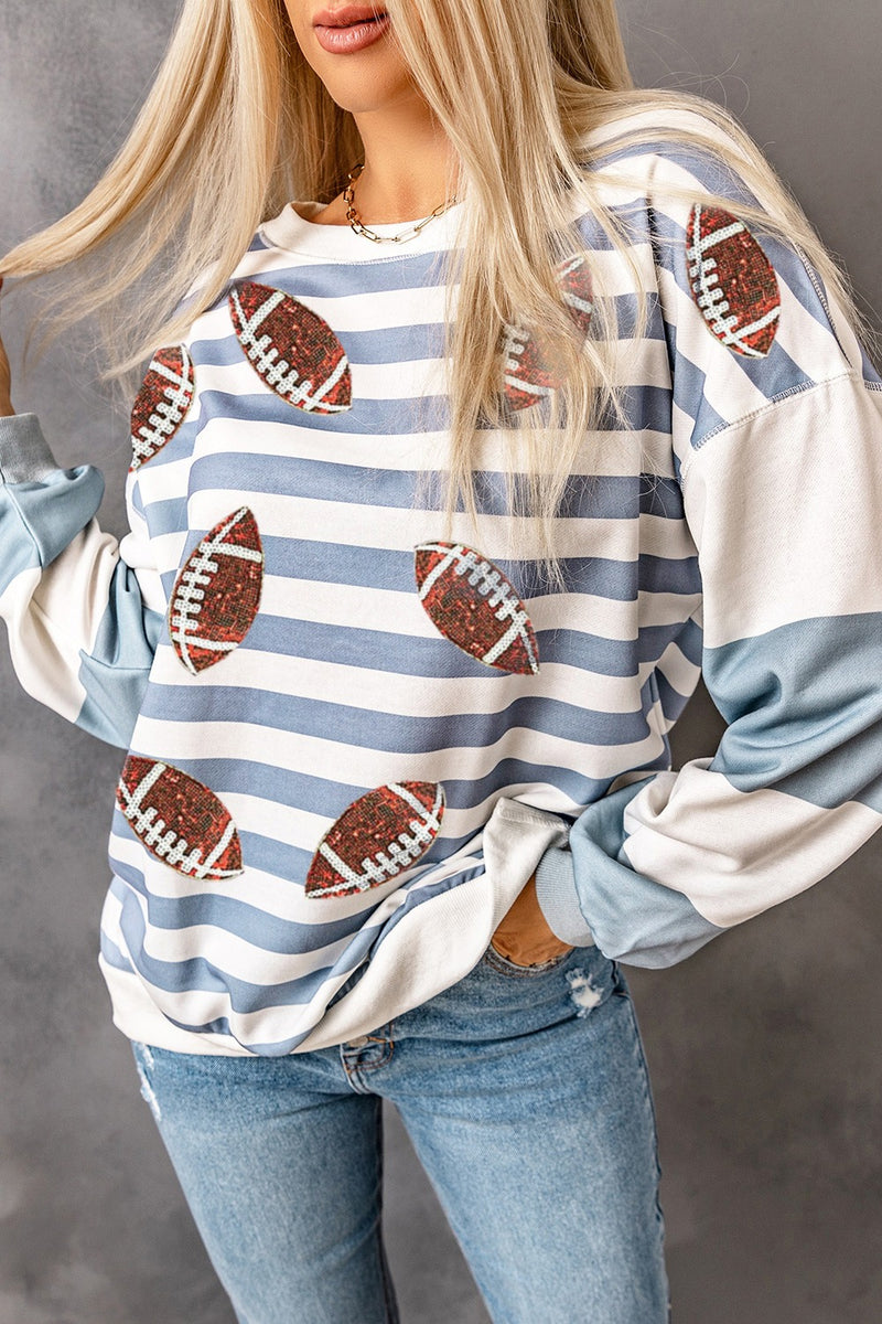 Hazel Blues® |  Football Striped Round Neck Long Sleeve Sweatshirt