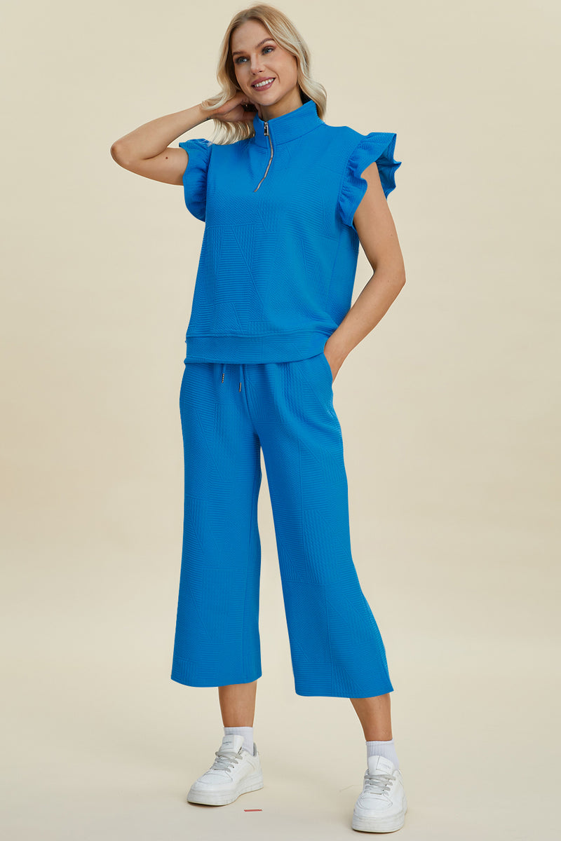 Hazel Blues® |  Double Take Texture Ruffle Short Sleeve Top and Wide Leg Pants Set