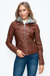 Hazel Blues® |  YMI Faux Layered Double-Zipper Jacket with Fuzzy Hood