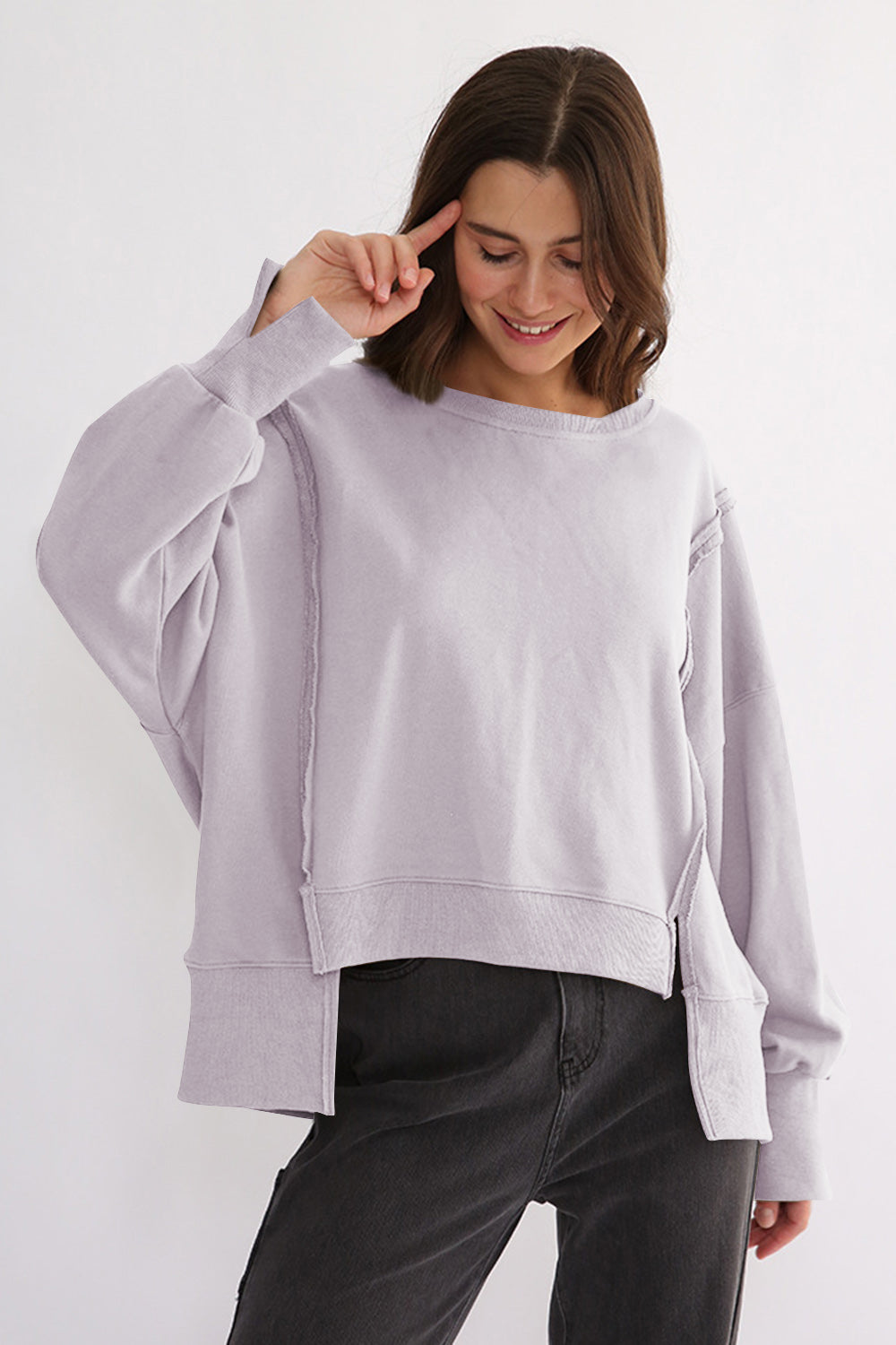 Hazel Blues® |  Exposed Seam High-Low Long Sleeve Sweatshirt