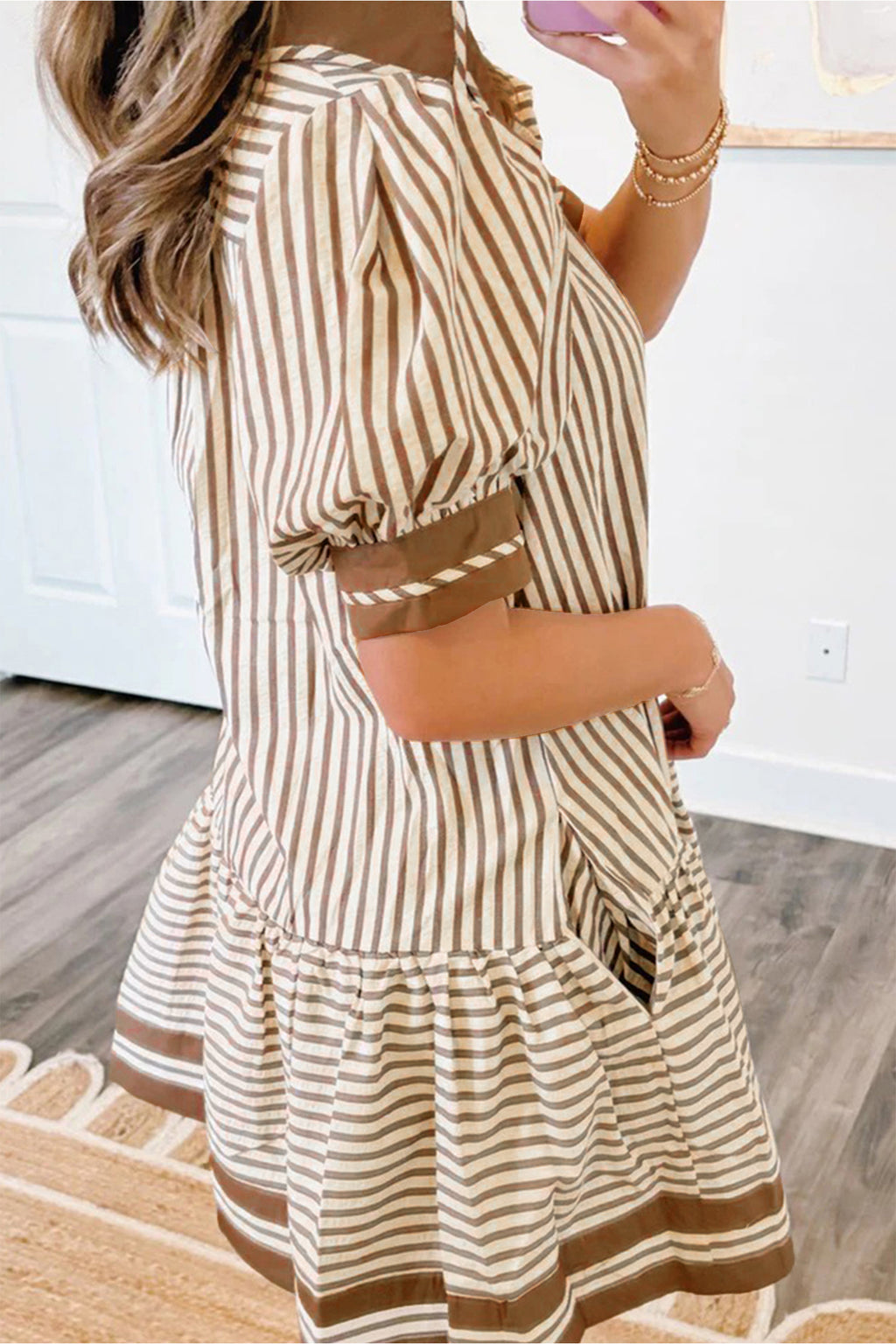 Shirt Collar colorblock Patchwork Trim Ruffle Hem Short Dress