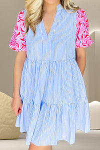 Hazel Blues® |  Embroidered Striped Notched Short Sleeve Dress