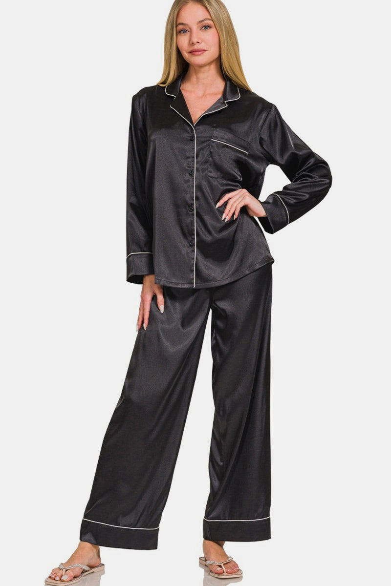 Hazel Blues® |  Zenana Satin Long Sleeve Shirt and Pants Pajama Set