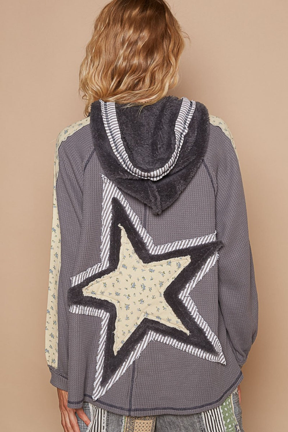 Hazel Blues® |  POL Half Zip Up Fleece Mix Back Star Patch Hoodie