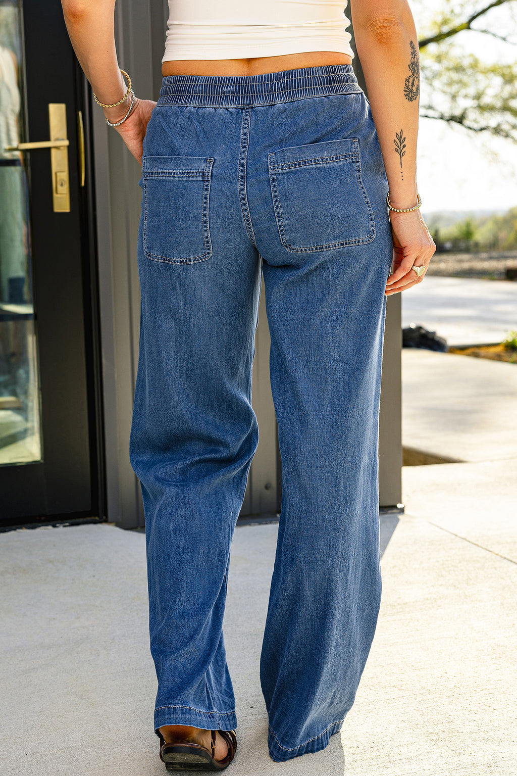 Blue Drawstring-Waist Wide-Leg Jeans