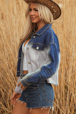 Hazel Blues® |  Dusk Blue Color Block Patchwork Flap Detail Distress Denim Jacket