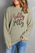 Hazel Blues® |  Green Sequined holly jolly Graphic Corded Sweatshirt