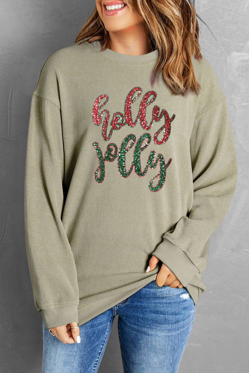 Hazel Blues® |  Green Sequined holly jolly Graphic Corded Sweatshirt