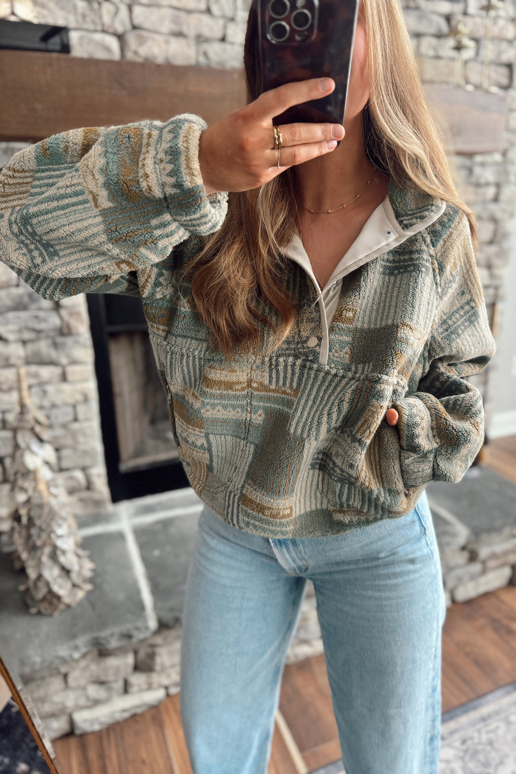 Green Western Print Fleece Pullover Long-Sleeve Casual Fit Sweatshirt