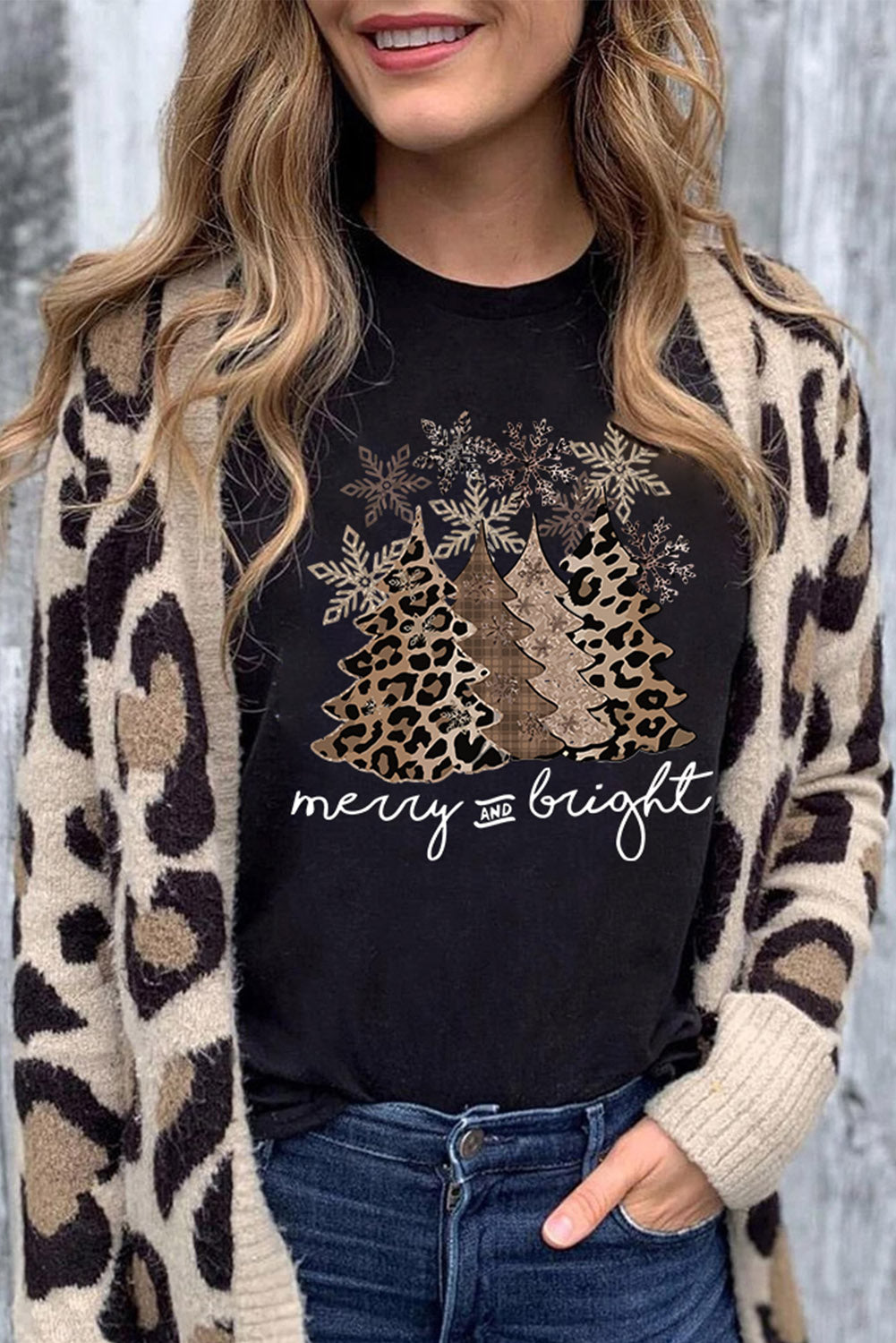 Hazel Blues® |  Black Leopard Christmas Tree Graphic Crew Neck T Shirt