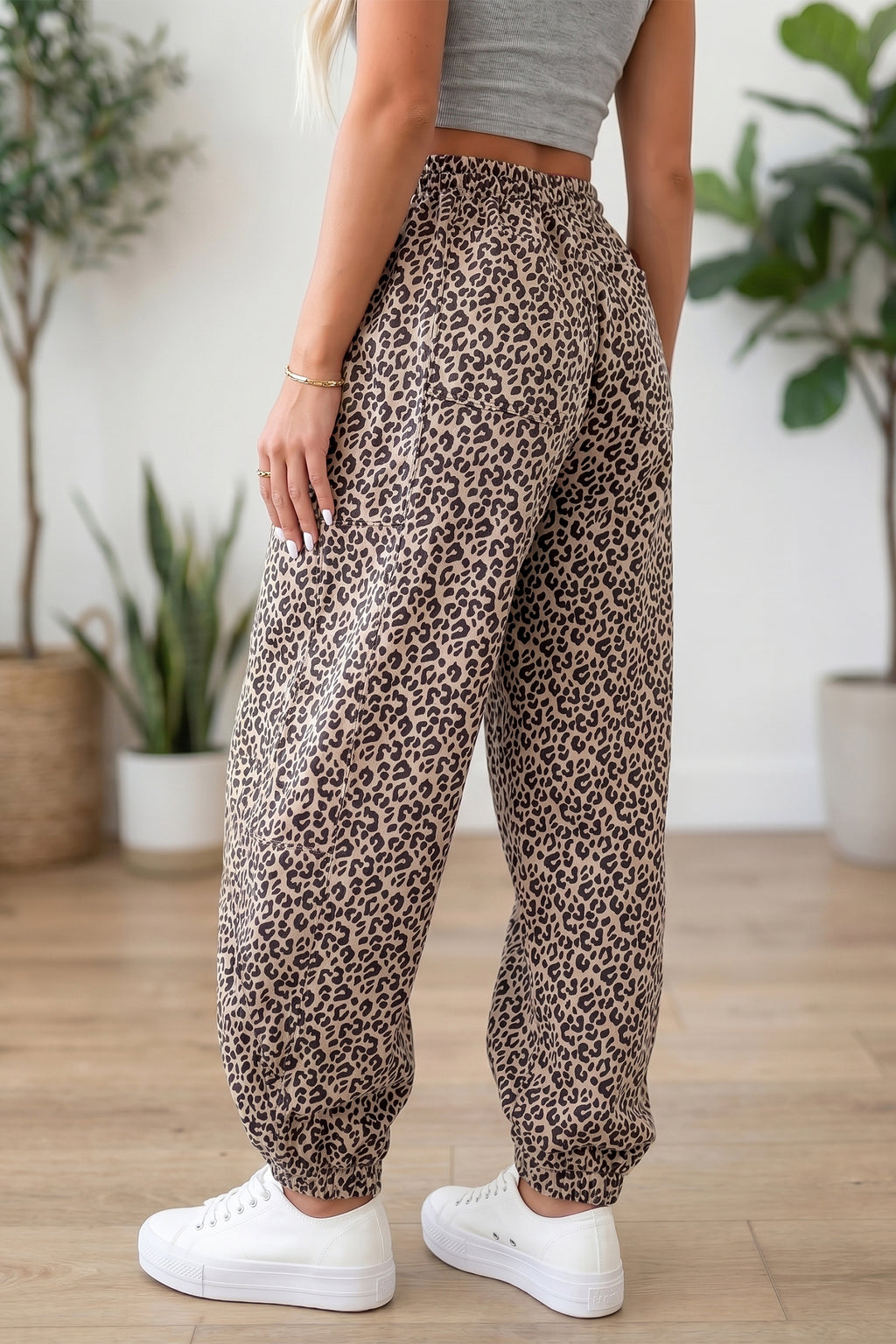Khaki Leopard Print Elastic-Waist Ankle Length Pants