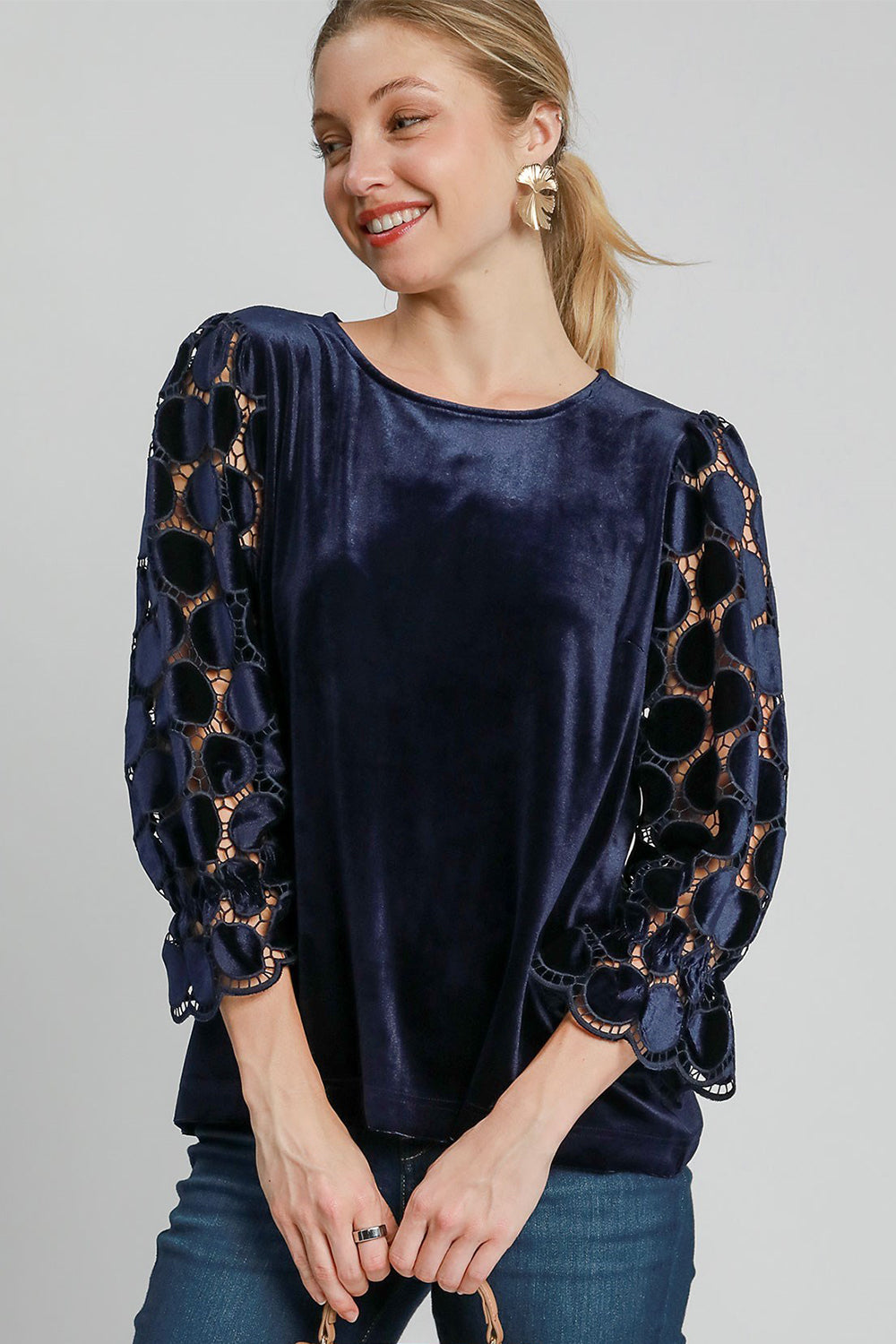 Hazel Blues® |  Umgee Polka Dot Lace Long Sleeve Round Neck Blouse