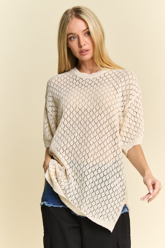 Hazel Blues® |  Davi & Dani Side Slit Openwork Round Neck Half Sleeve Knit Cover Up