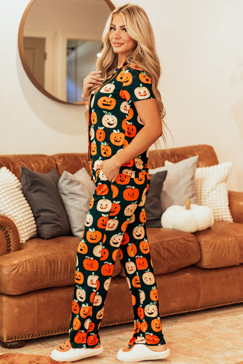 Hazel Blues® |  Orange Halloween Pattern Short Sleeve Shirt Pajama Set
