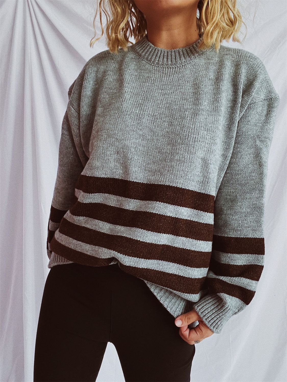 Hazel Blues® |  Striped Dropped Shoulder Long Sleeve Sweater