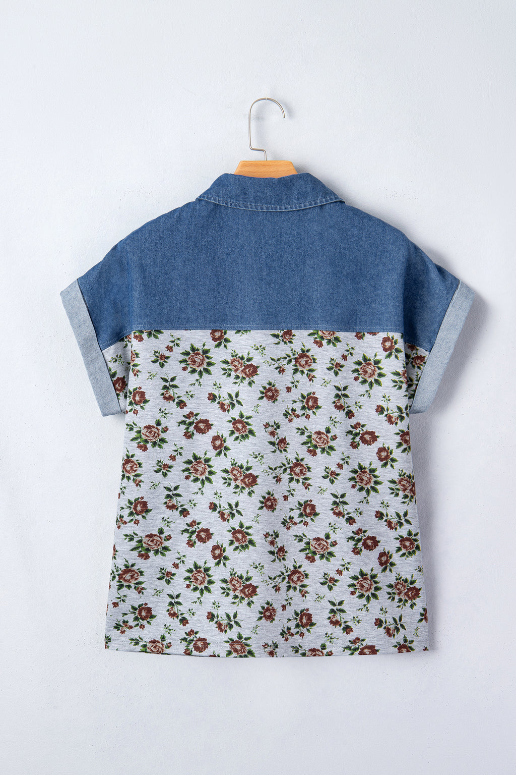 Hazel Blues® |  Gray Retro Floral Print Denim Patchwork Buttoned Polo Collar Top