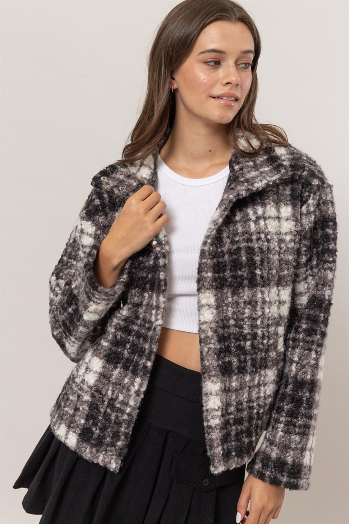 Hazel Blues® |  HYFVE Plaid Collared Neck Boucle Jacket with Pockets