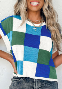 Hazel Blues® |  Contrast Plaid Round Neck Cap Sleeve Sweater