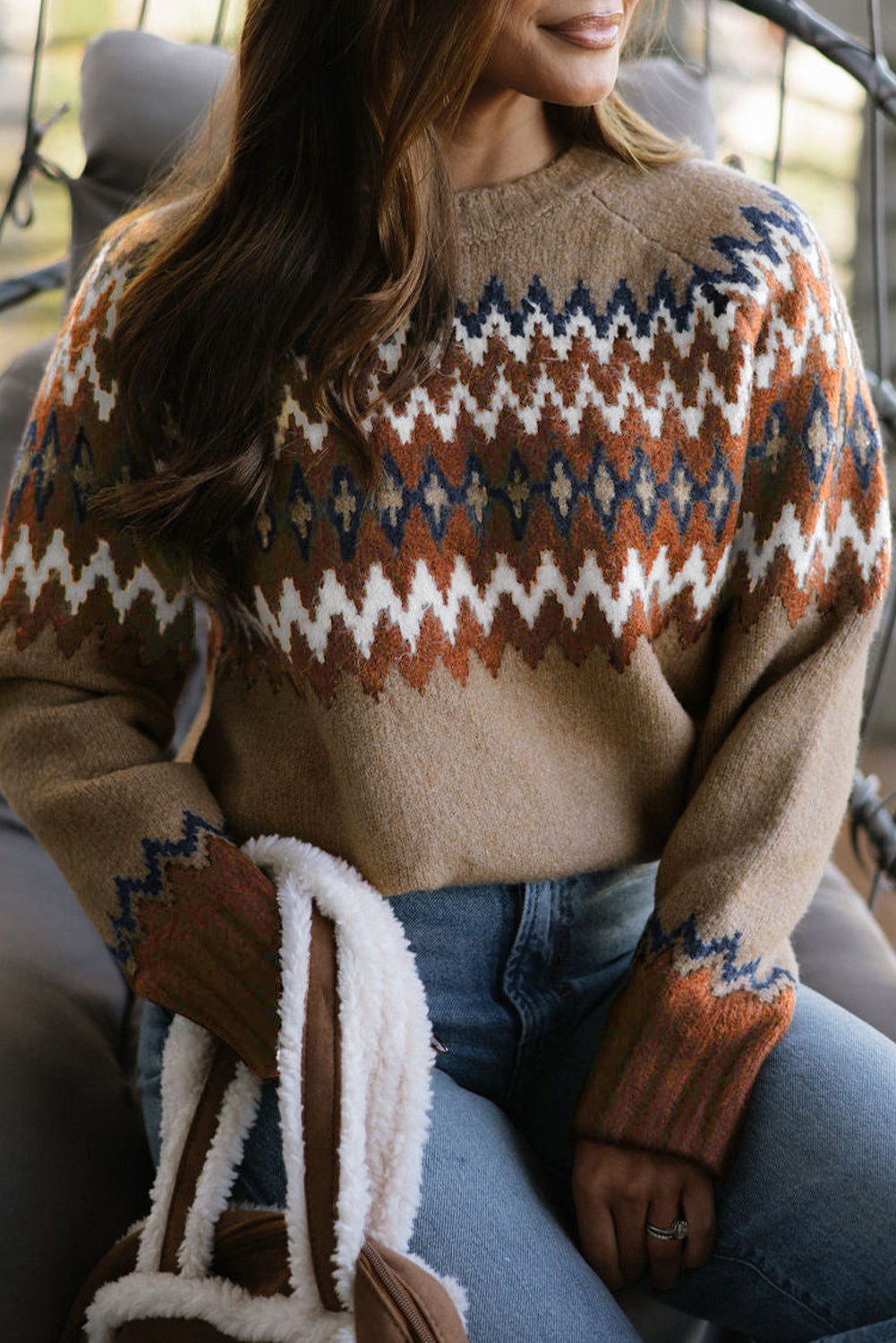 Hazel Blues® |  Khaki Aztec Print Colorblock Crew Neck Sweater