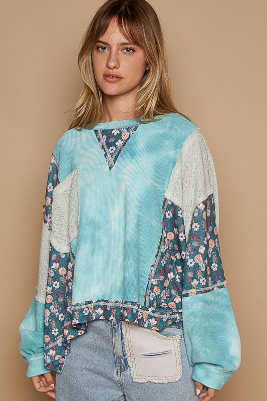 Hazel Blues® |  POL Floral Patchwork Round Neck Knit Top