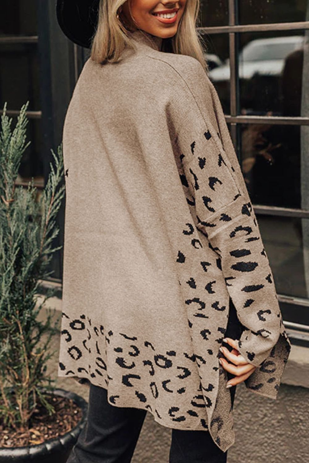 Hazel Blues® |  Slit Leopard Mock Neck Dropped Shoulder Sweater