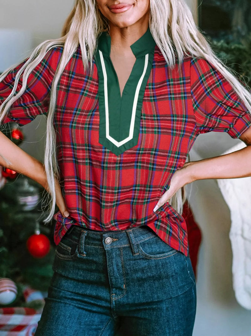 Plaid Notched Short Sleeve Blouse – Hazel Blues® Plaid Notched Short Sleeve Blouse – Hazel Blues®