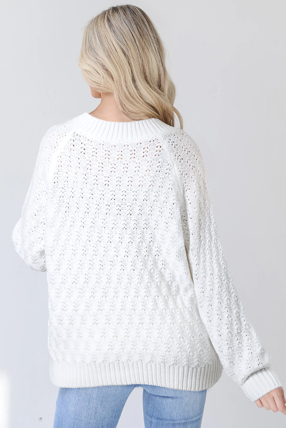 Hazel Blues® | White Textured Knit Ribbed Edge V Neck Loose Sweater