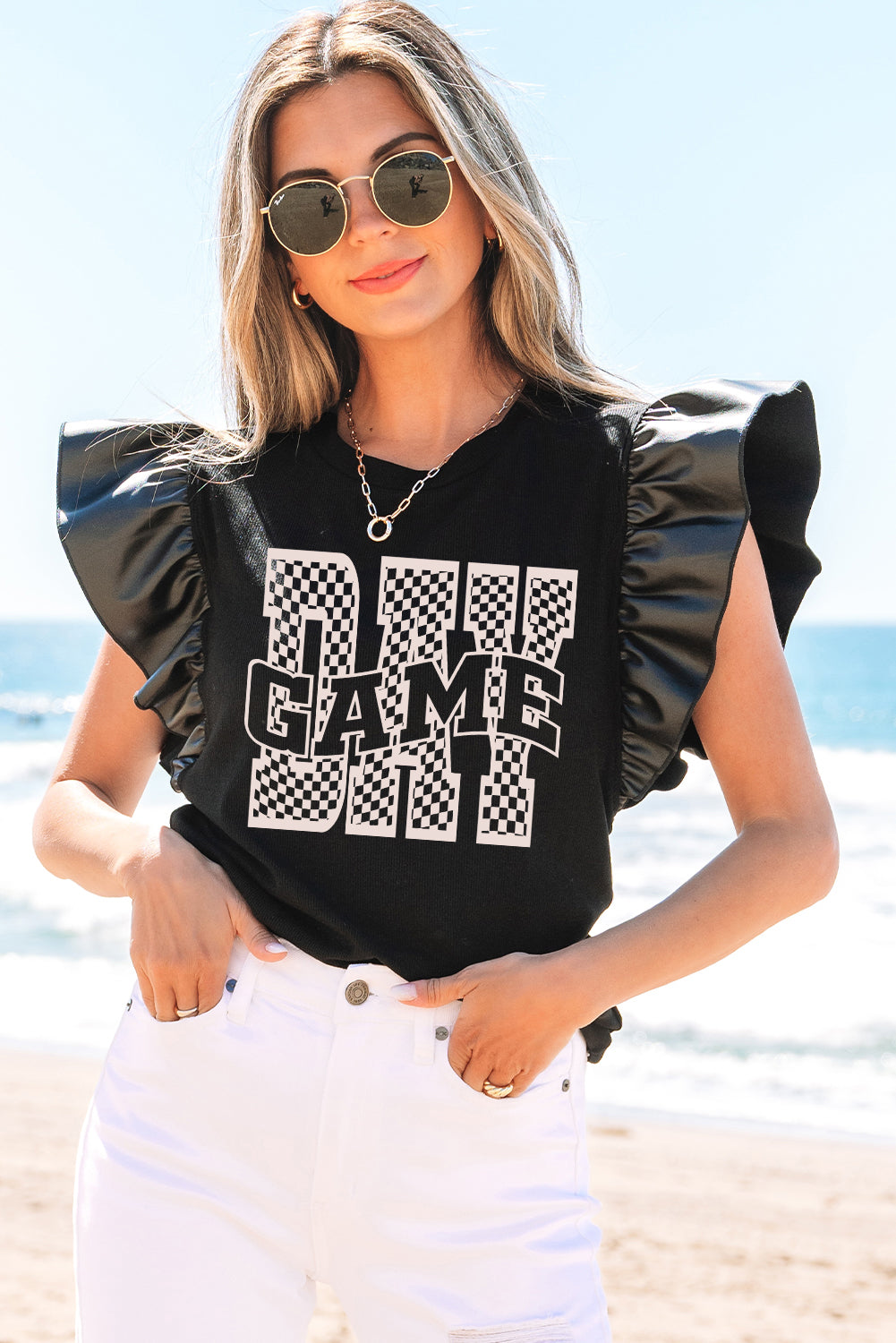 Hazel Blues® |  Black GAME DAY Checkered Letter Graphic Leatherette Ruffle Sleeve Top