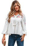 Hazel Blues® |  White Flower Lace-up V Neck Babydoll Blouse