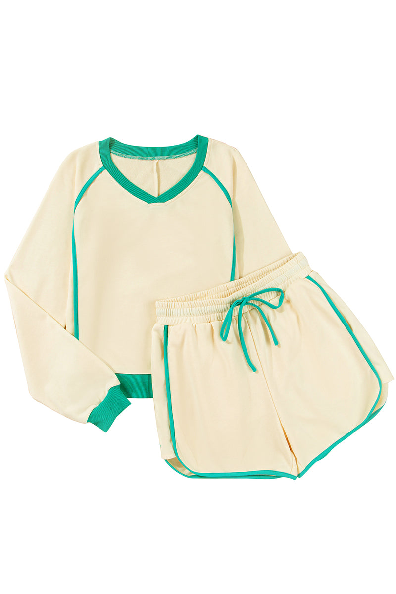 Hazel Blues® |  White Contrast Trim Colorblock Long Sleeve Pullover and Drawstring Shorts 2pcs Outfit
