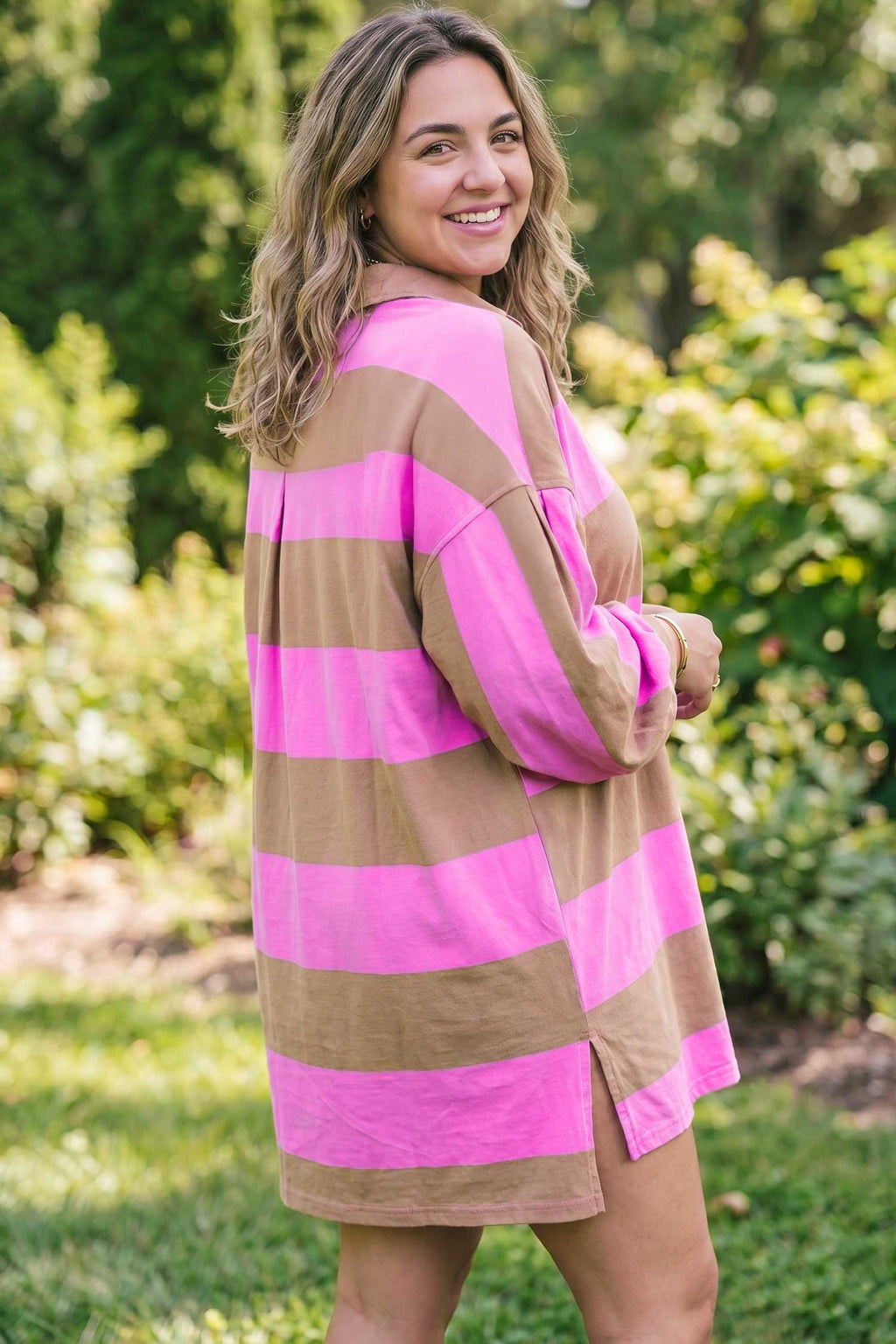 Rose Stripe Striped Color-Block Long-Sleeve V-Neck Shift Dress