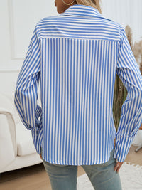 Hazel Blues® |  Pocketed Striped Collared Neck Long Sleeve Shirt