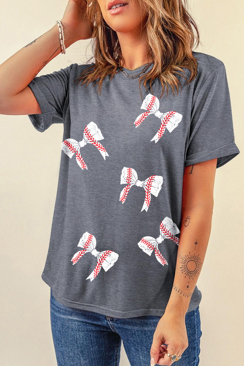 Hazel Blues® |  Gray Football Bow Knot Print Crewneck Casual T Shirt