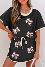 Hazel Blues® |  Black Sequin Football Bow Patched Colorblock Edge Tee and Skort Set