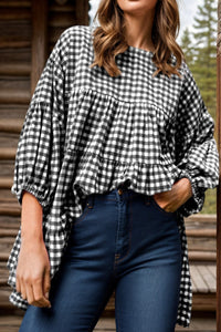 Hazel Blues® |  Tiered Plaid Round Neck Long Sleeve Blouse