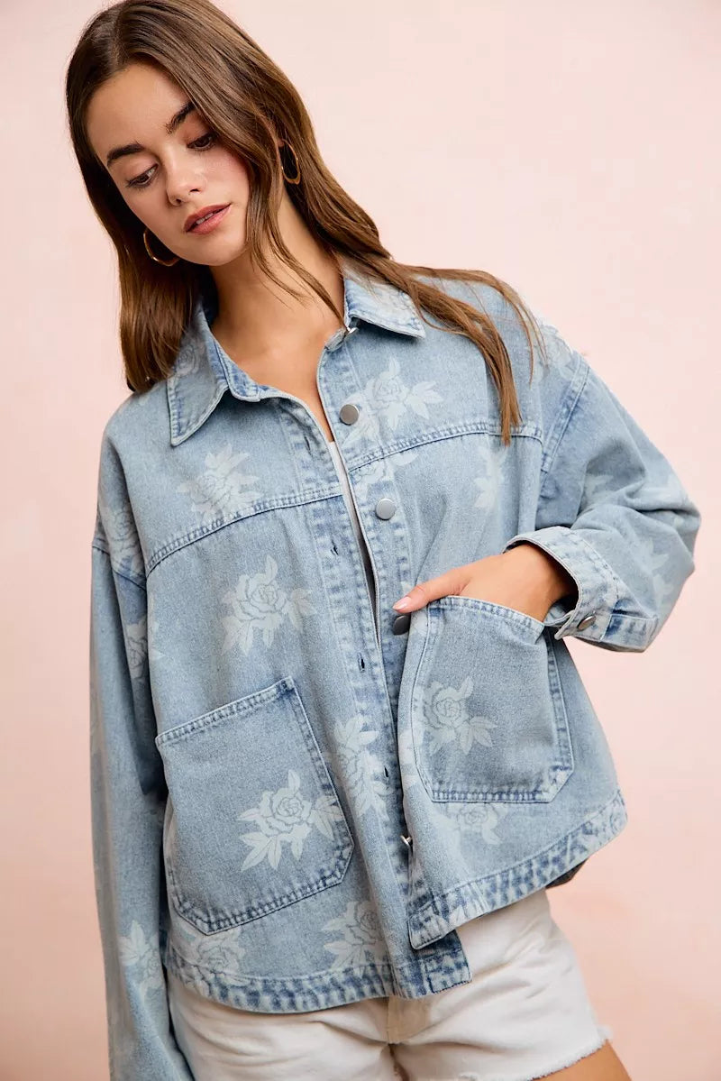 BiBi Printed Washed Denim Jacket With Pocket – Hazel Blues®