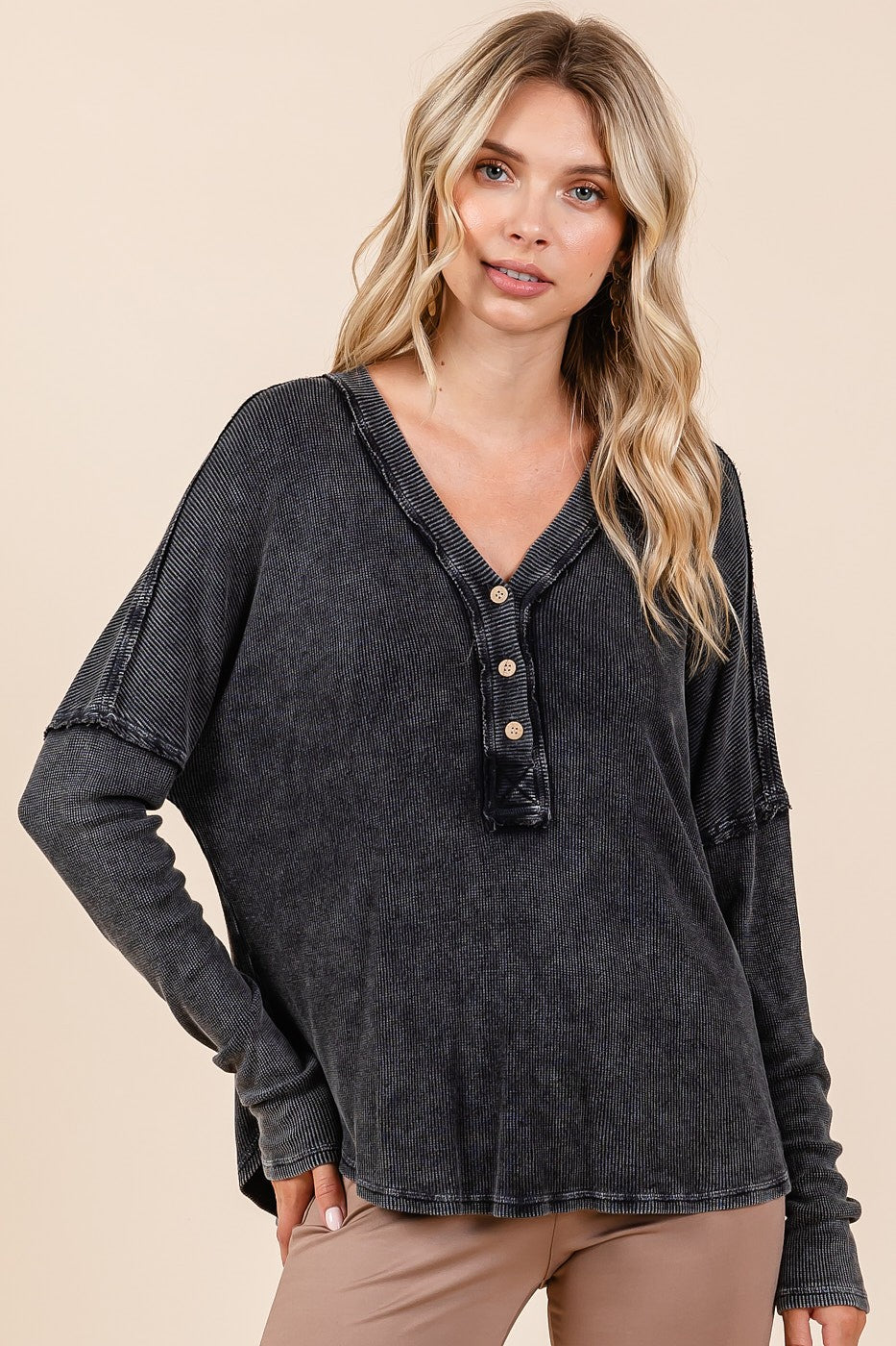 Hazel Blues® |  Mittoshop Washed V-Neck Long Sleeve Blouse