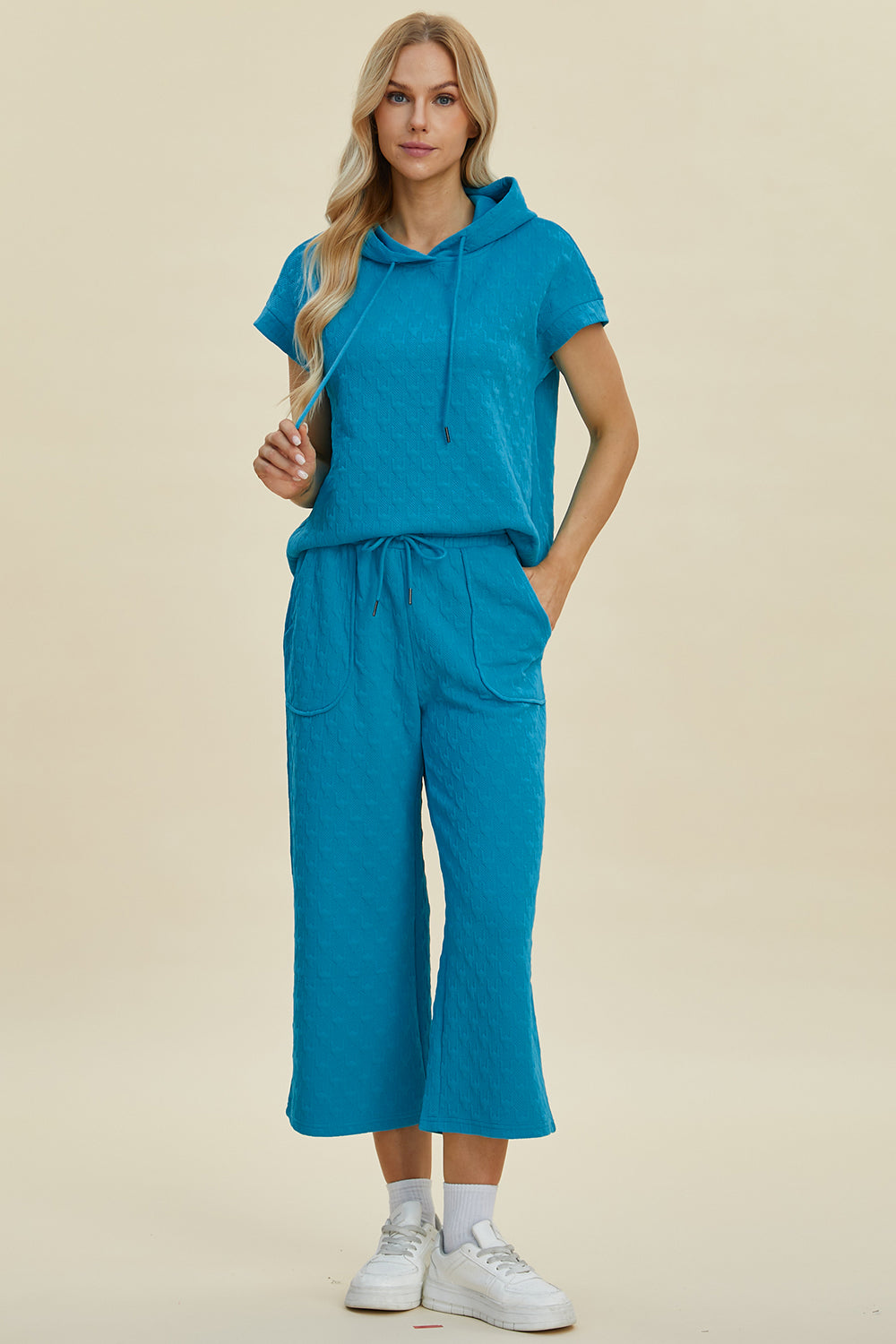 Hazel Blues® |  Double Take Texture Drawstring Short Sleeve Hoodie and Pocketed Pants Set