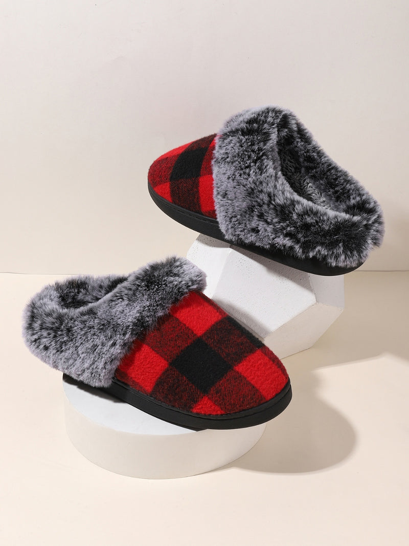 Hazel Blues® |  Plaid Furry Round Toe Flat Slippers