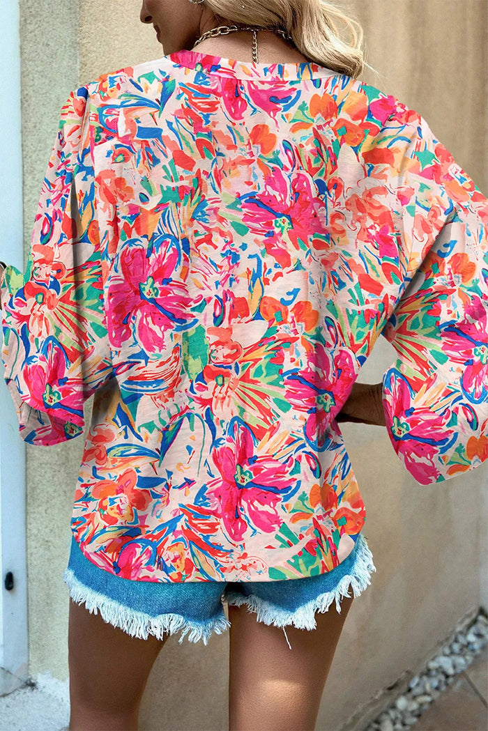 Hazel Blues® |  Printed Notched Long Sleeve Blouse