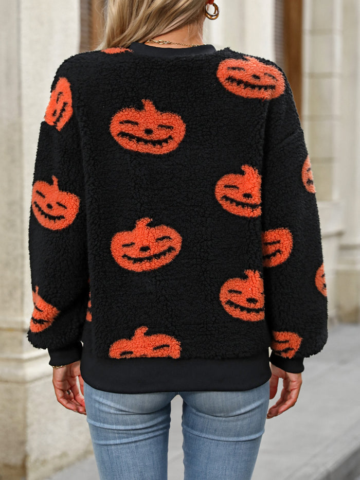 Hazel Blues® |  Fuzzy Pumpkin Round Neck Dropped Shoulder Sweater